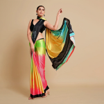 Lime Green & Blue Satin Saree