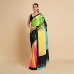 Lime Green & Blue Satin Saree