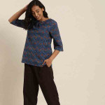 Blue & Black Indigo Dyed & Hand Block Print Floral Lounge Top