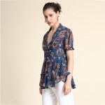 Women Teal Chiffon Paisley Flared Top