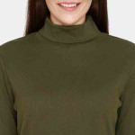Women Olive Green Solid Fullsleeves Lounge Top