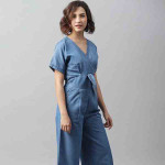 Blue Front Knot Denim Culotte Jumpsuit