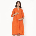 Orange Floral Printed Pure Cotton Maternity Midi Dress