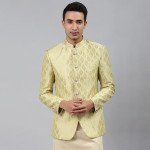 Men Gold Self-Design Slim Fit Bandhgala Blazer