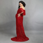 Maroon Off-Shoulder Lace Maxi Maternity Dress