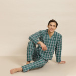 Men Green & White Checked Cotton Night suit