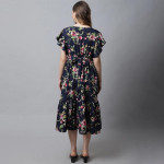 Women Navy Blue Floral Crepe Maternity A-Line Midi Dress