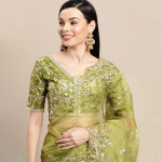 Green & Gold Floral Sequinned Organza Saree